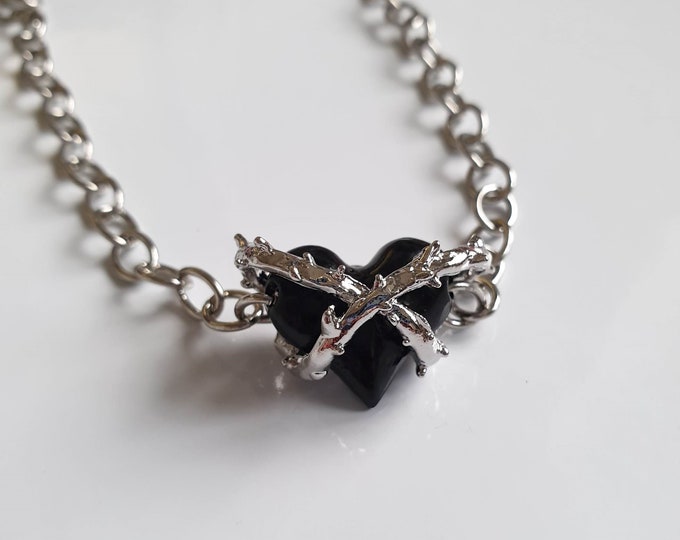 Beautiful Black Heart Silver Chain Gothic Charm Necklace Etsy UK