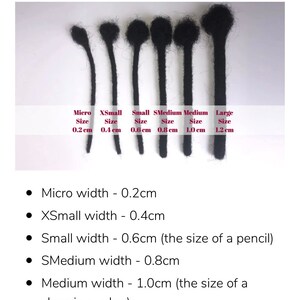 May include: A white background displays seven black dreadlock extensions of varying sizes. The sizes are labeled: Micro (0.2 cm), XSmall (0.4 cm), Small (0.6 cm), SMedium (0.8 cm), Medium (1.0 cm), and Large (1.2 cm).