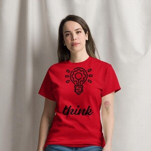 Minimalist Lightbulb and Gear T-Shirt with Think Graphic – Inspiring Creative Ideas Tee, Unisex Casual Wear