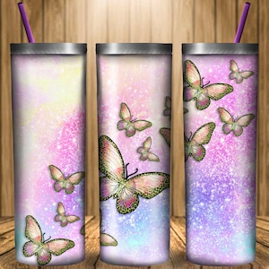 20 oz Skinny Tumbler Glitter Butterflies, Butterfly Tumbler Design, 20 oz Skinny Tumbler Wrap, Butterfly Png, Rainbow Tumbler Wrap