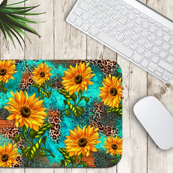 Sunflowers Wood Mouse Pad Sublimation Design, Leopard Mouse Pad Sublimation Design, Turquoise Glitter Png, Leopard, Sublimation Designs