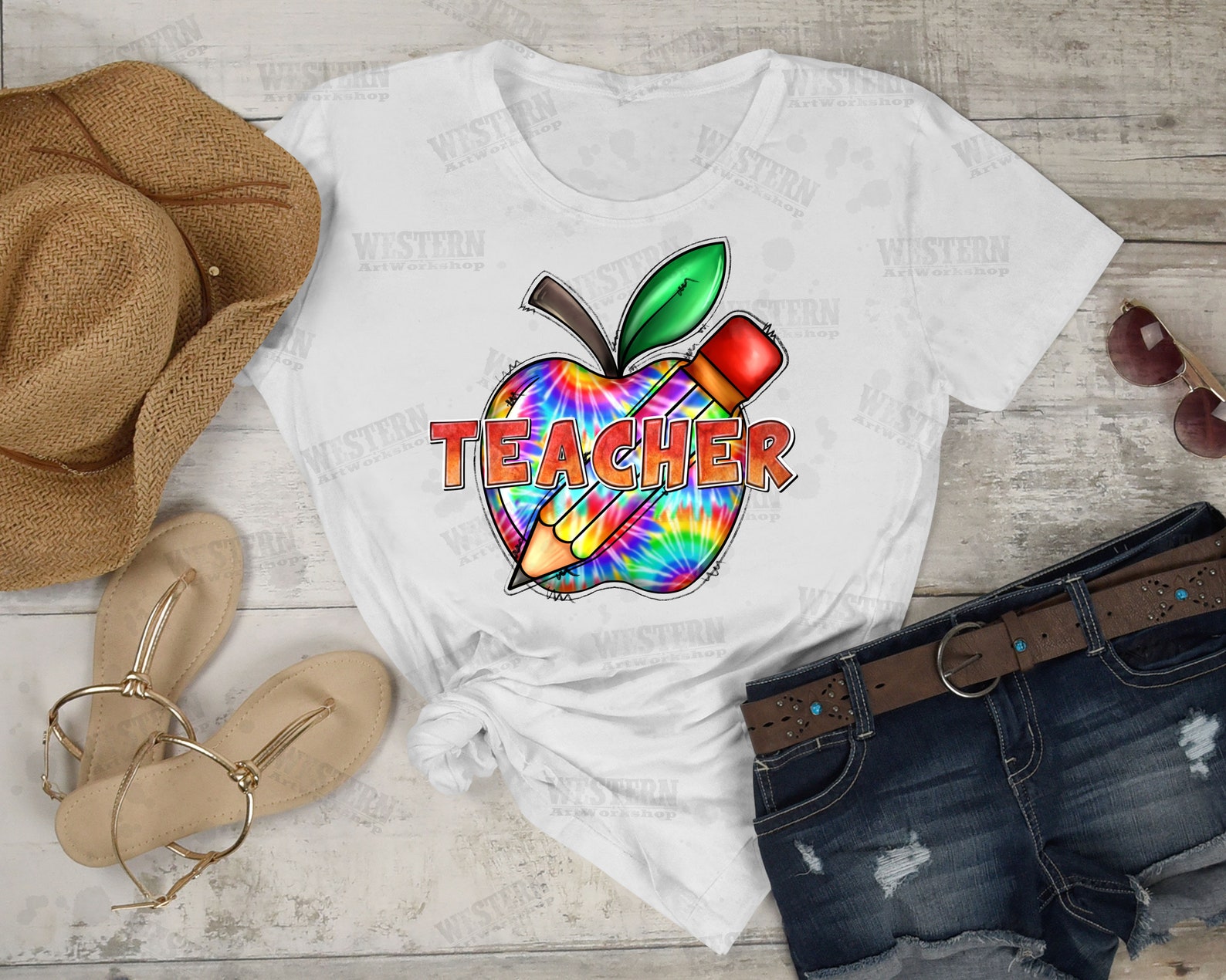 Teacher Apple Pencil Sublimation Png Tie Dye Teacher Png - Etsy