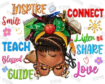 Afro messy bun teach inspire love Teacher blessed png sublimation design download, messy bun design, Teacher&#39;s Day png, designs download