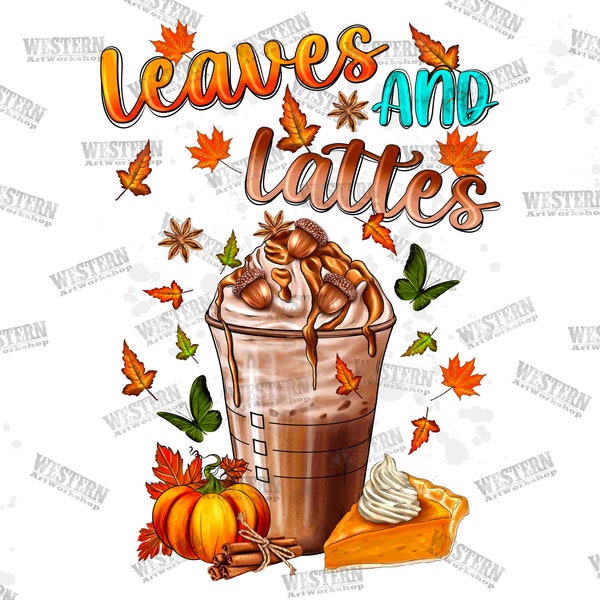 Leaves and Lattes PNG, Fall coffee star warm cute cozy autumn orange pumpkin digital download Sublimation design drawn Print Graphic tshirt