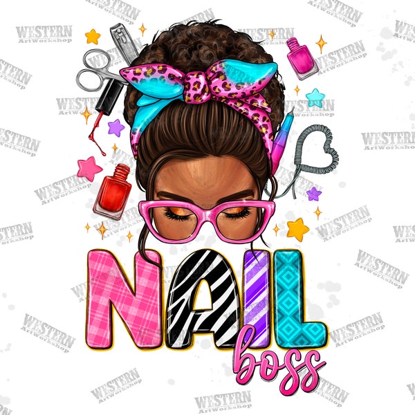 Nail boss afro messy bun png sublimation design download, nail art png, nail boss png, black woman png, sublimate designs download