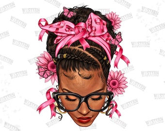 Breast Cancer Awareness Afro Messy Bun Png,afro woman png, breast cancer png,Messy bun png,fight cancer png,sublimation design download