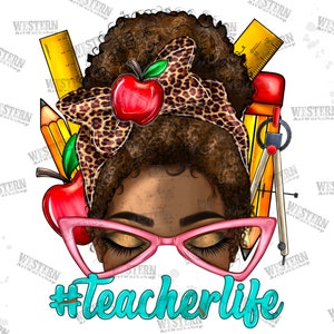 Western Afro Teacher Messy Bun Png Sublimation Design, Black Woman Png, Black Teacher Png, Messy Bun Teacher Png, Teacher Life Png Download