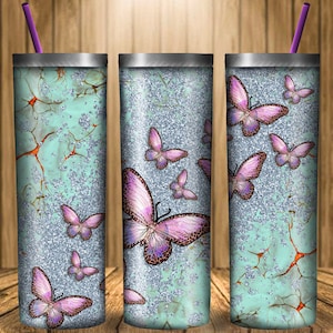20 oz Skinny Tumbler Glitter Butterflies, Butterfly Tumbler Design, 20 oz Skinny Tumbler Wrap, Butterfly Png, Turquoise Tumbler Wrap