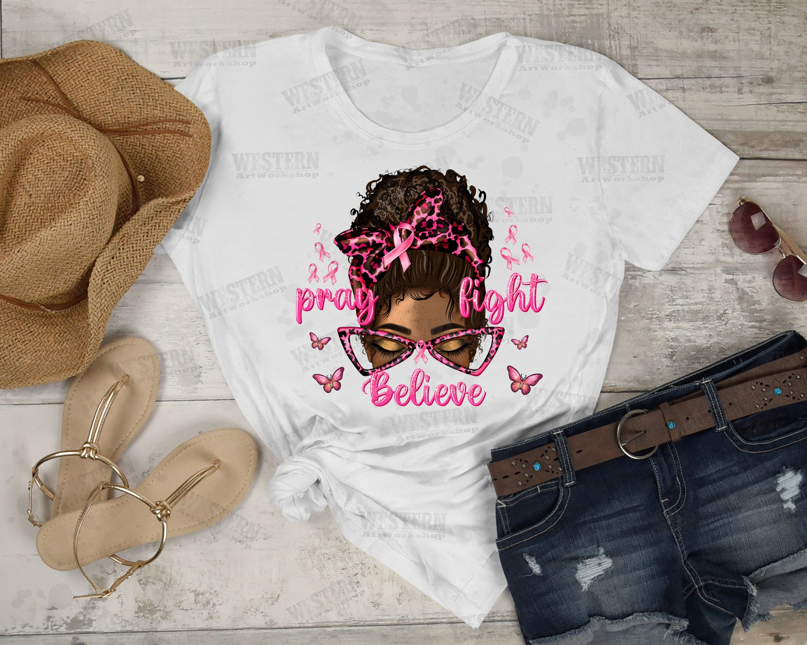Pray Believe Fight Breast Cancer Afro Messy Bun Png - Etsy