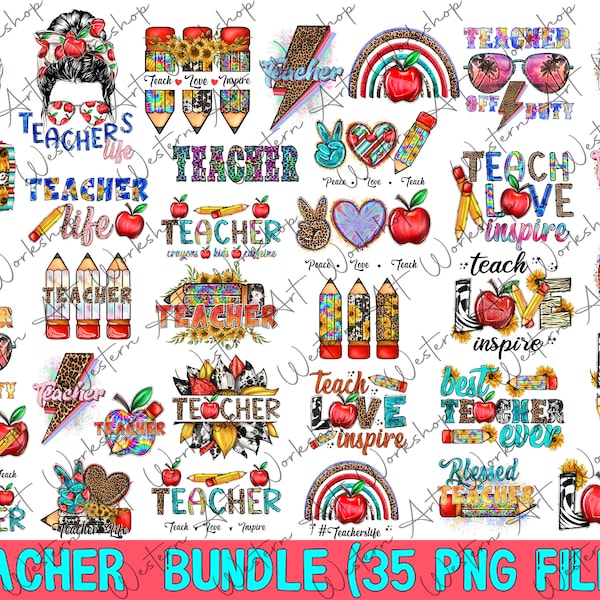 35 Teacher Bundle Png, Love Teacher PNG, Retour à l’école, Teacher Png Bundle Appreciation Sublimation Design, BIG BUNDLE Sublimation Design