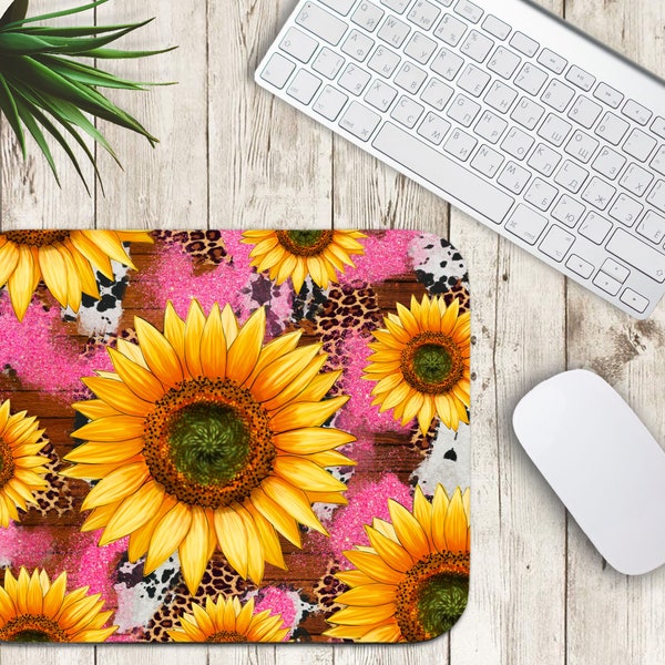 Sunflowers Pink Glitter Mouse Pad Sublimation Design, Glitter Leopard Mouse Pad Sublimation, Sunflowers Mouse Pad PNG, Western Mouse Pad Png