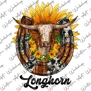 Texas Longhorn Horseshoe Sunflower Png, Longhorn Horseshoe Png, Longhorn Png, Cow Png, Horseshoe Png, Western, Sublimation Design Download