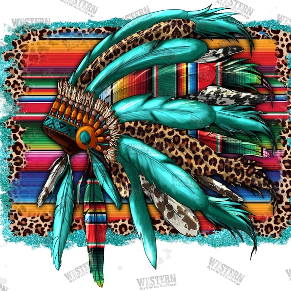 Western Serape Native American Headdress Png, Western Serape Background, Indian Headdress Png, Leopard Turquoise Design, Instant Download