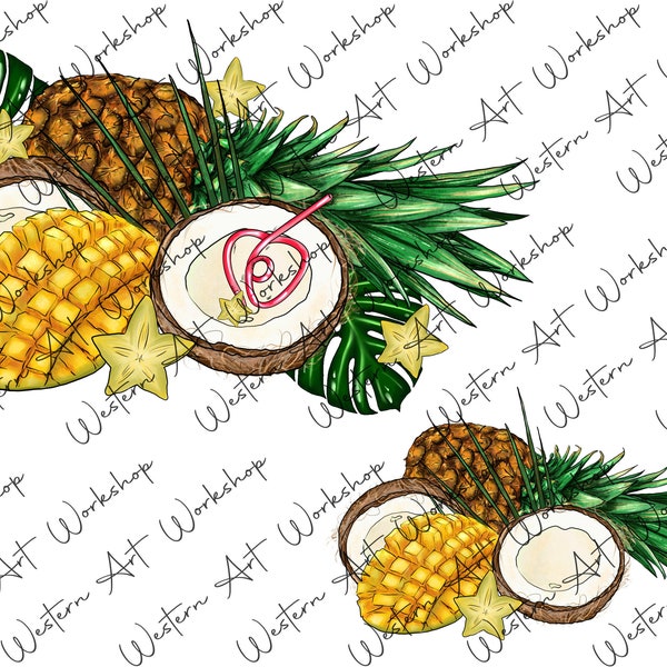 Pineapple Mango Coconut Sublimation Design, Summer Fruits, Pineapple Png, Coconut Png, Mango Png, Summer png, Sublimation Design