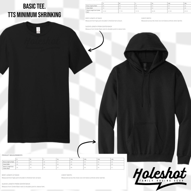 Puede incluir: Camiseta y sudadera con capucha negras con el texto "Holeshot Family Racing Gear" impreso en la parte delantera. La camiseta tiene manga corta y la sudadera con capucha tiene capucha. Se incluye una tabla de tallas con medidas en pulgadas.