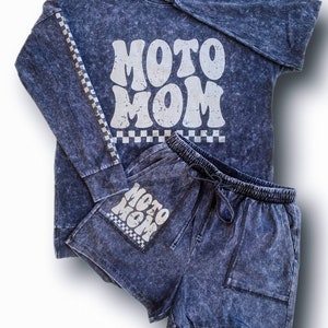 Moto Mom Acid Wash Set | Supercross Motocross dirt bike mama short set gifts for her BRAAP racing lounge