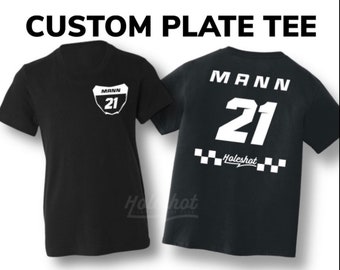 Camiseta personalizada com placa de motocross, Supercross, motocross, camiseta de corrida personalizada, placa de identificação, pista de corrida, infantil, criança, adulto, KTM, PW50, Holeshot