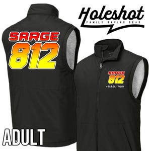May include: Black zip-up vest with the word "SARGE" and the number "812" in a red, orange, and yellow design on the back. The vest also features the text "Holeshot Family Racing Gear" and the word "ADULT".