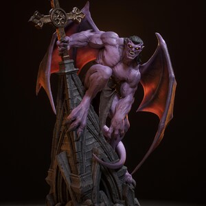 May include: A purple gargoyle statue with large wings and a cross. The statue is perched atop a stone structure. The gargoyle has glowing yellow eyes and is holding a cross. The wings have a red and orange gradient.