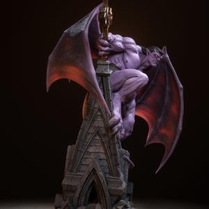 May include: A purple gargoyle statue with large wings and a detailed stone base. The gargoyle is perched atop a gothic-style structure, holding a golden staff. The wings have a reddish hue, and the statue has a muscular physique.