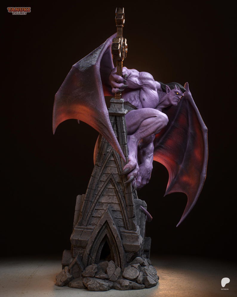 May include: A purple gargoyle statue with large wings and a detailed stone base. The gargoyle is perched atop a gothic-style structure, holding a golden staff. The wings have a reddish hue, and the statue has a muscular physique.
