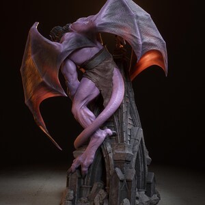 May include: A purple gargoyle statue with large, outstretched wings. The statue is perched on a stone structure with intricate architectural details. The gargoyle has a muscular build and a tail. The wings are a darker shade of purple with orange highlights.
