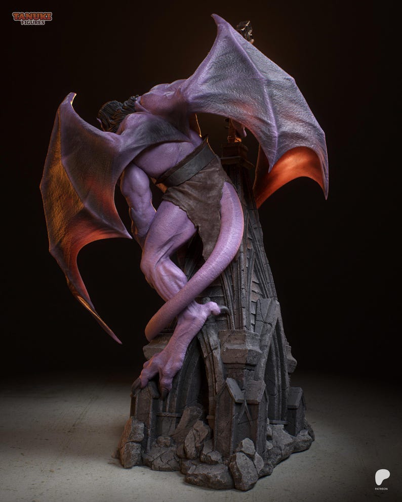 May include: A purple gargoyle statue with large, outstretched wings. The statue is perched on a stone structure with intricate architectural details. The gargoyle has a muscular build and a tail. The wings are a darker shade of purple with orange highlights.