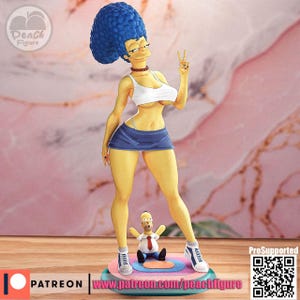 May include: A figurine of Marge Simpson with a blue bouffant hairstyle, wearing a white crop top, blue skirt, and sneakers. Homer Simpson is at her feet. The figurine is on a colourful base. The text "Peach Figure" is visible.