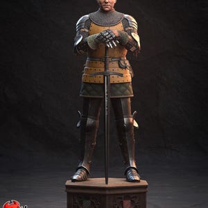 May include: A detailed statue of a knight in full armour, holding a sword. The knight stands on a wooden pedestal with decorative emblems. The armour is a mix of metal and leather, with chainmail visible around the neck. The statue has a realistic appearance.