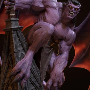 May include: A purple gargoyle figure with yellow eyes and sharp teeth, perched on a stone structure. The figure has large wings and is holding a staff. The figure is muscular and has a menacing expression.