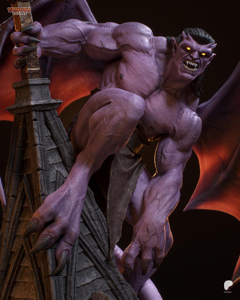 May include: A purple gargoyle figure with yellow eyes and sharp teeth, perched on a stone structure. The figure has large wings and is holding a staff. The figure is muscular and has a menacing expression.