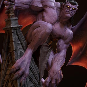 May include: A detailed sculpture of a muscular, purple gargoyle with black hair, horns, and glowing yellow eyes. It is perched on a stone structure, holding a staff. The gargoyle has large wings and a serious expression.
