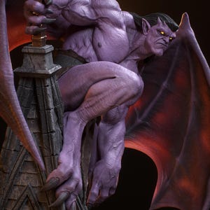 May include: A detailed purple gargoyle figure with large wings, sharp claws, and glowing yellow eyes. The muscular creature is perched on a stone structure, with the Tanuki Figures logo visible in the top left corner.