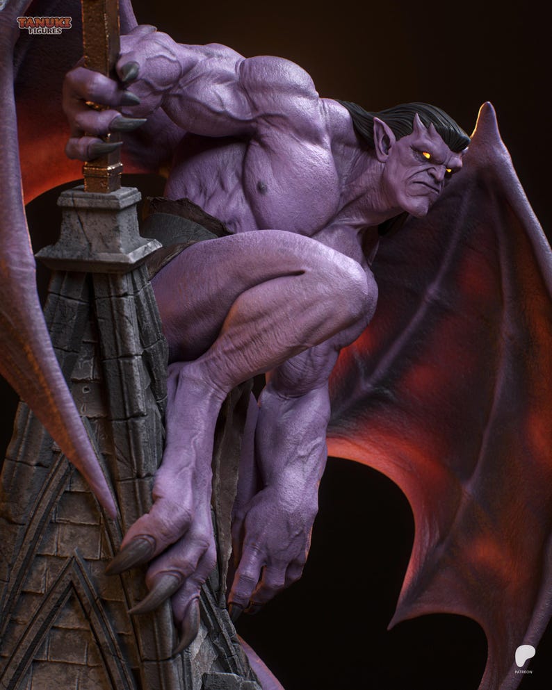 May include: A detailed purple gargoyle figure with large wings, sharp claws, and glowing yellow eyes. The muscular creature is perched on a stone structure, with the Tanuki Figures logo visible in the top left corner.