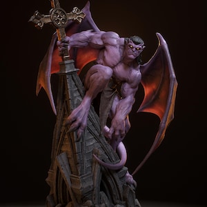 May include: A purple gargoyle statue with large wings and a tail, perched atop a stone structure and holding a cross. The statue has glowing yellow eyes and is highly detailed, with a dark background.