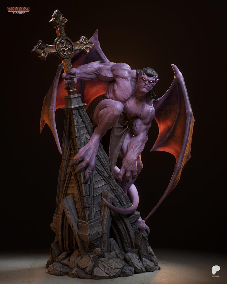 May include: A purple gargoyle statue with large wings and a tail, perched atop a stone structure and holding a cross. The statue has glowing yellow eyes and is highly detailed, with a dark background.