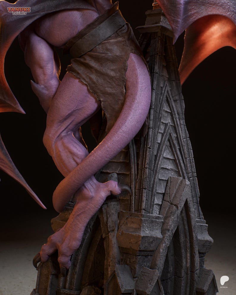 May include: A detailed statue of a purple gargoyle with leathery wings and a tattered brown garment. The gargoyle is perched on a weathered stone structure, with sharp claws and a long tail. The statue has a detailed, textured appearance.