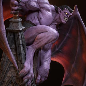 May include: A detailed statue of a muscular, purple gargoyle with black hair, yellow eyes, and sharp teeth. The gargoyle is perched on a stone structure, with large, red-tinged wings spread behind it. The statue is labeled "TANUKI FIGURES".