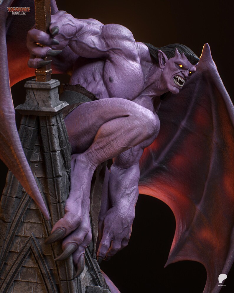 May include: A detailed statue of a muscular, purple gargoyle with black hair, yellow eyes, and sharp teeth. The gargoyle is perched on a stone structure, with large, red-tinged wings spread behind it. The statue is labeled "TANUKI FIGURES".