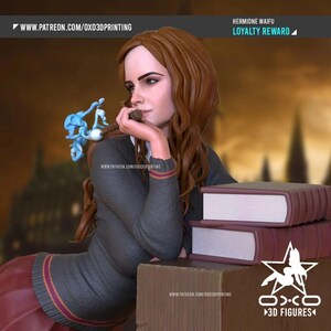 May include: A detailed figurine of a woman with long brown hair, wearing a grey sweater and a red skirt. She is leaning on a wooden surface, with two books and a wand. The figurine is a "Hermione Waifu Loyalty Reward" from 0x03DPrinting.
