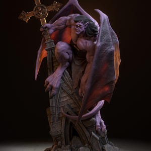 May include: A purple gargoyle statue with large wings and a cross. The muscular figure is perched on a stone structure, holding a golden cross. The wings are a deep purple with red highlights, and the statue has a menacing expression.