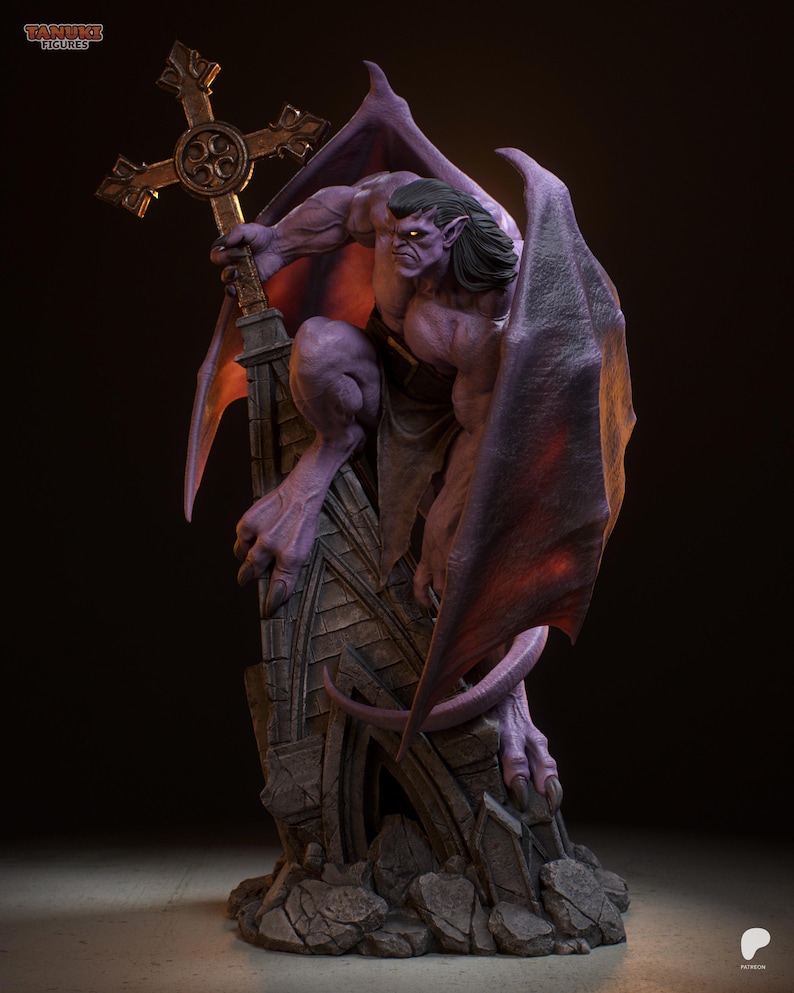 May include: A purple gargoyle statue with large wings and a cross. The muscular figure is perched on a stone structure, holding a golden cross. The wings are a deep purple with red highlights, and the statue has a menacing expression.
