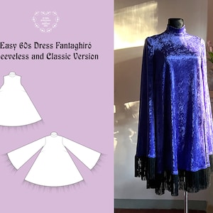 60s 70s Inspired Medieval Aesthetics Velvet Magic Psychic Retro Hippie Wizard Fantasy Mini Dress Turtleneck with Fringes  // Sewing Pattern
