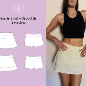 Peut inclure: Une jupe-short de tennis avec poches, 4 versions. L'image montre un haut court noir sans manches et une jupe-short de tennis crème. À gauche, des dessins techniques illustrent quatre variantes du modèle, incluant des options avec et sans détails de couture de poches visibles sur un fond violet clair.