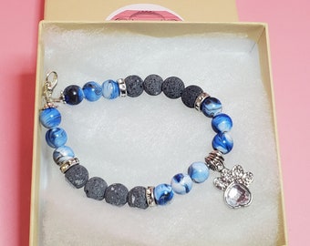 Grey and Blue Beaded Bracelet with Crystal Paw Charm