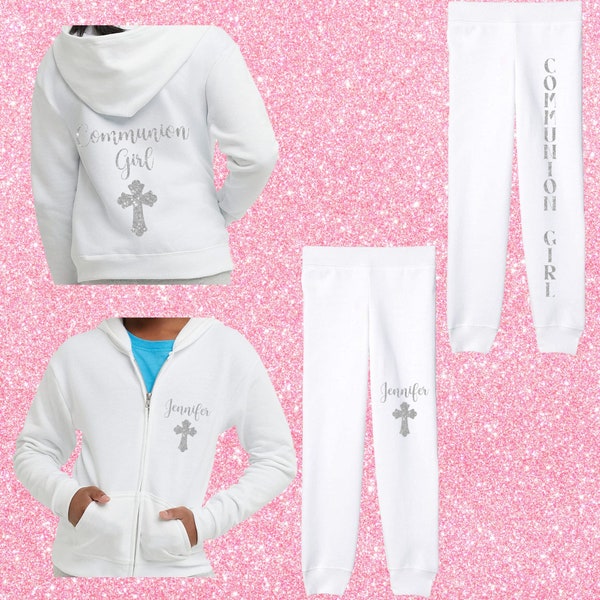 First Holy Communion Zip Up Hoodie and Jogger Set, Communion Girl