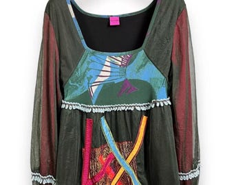 SAVE THE QUEEN Mesh Top Size L Womens Multicolor Abstract Print Knitted Trim