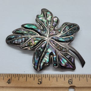 Vintage Taxco Sterling Silver 925 Abalone Shell Leaf Brooch Pin Large Made In Mexico