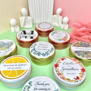 Custom Candle Favors for Wedding Guests / Scented Tin Candles / Personalized Label / Bridal Shower Engagement Party Gift / Custom Logo Gifts