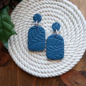 Polymer Clay Earrings, Navy Blue Leaf Imprinted, lightweight, handmade earrings, simple jewelry